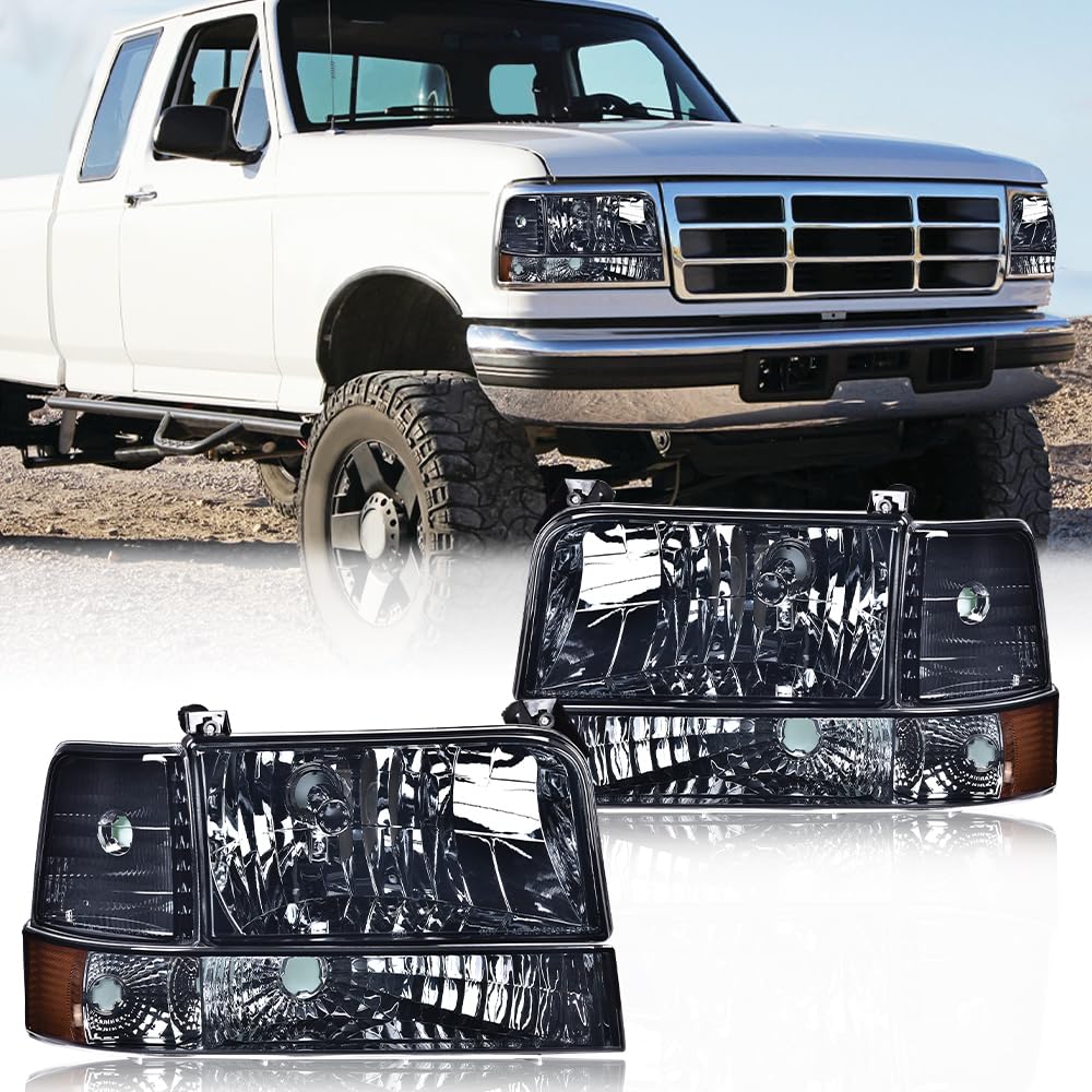 G-PLUS Headlights Assembly Fit 1992-1996 Ford Bronco/F150 F250 F350 Super Duty(Incl. 97 9th Old Body Style),Headlamps w/Corner Signal Smoky lens Chrome Housing Amber Reflector Faros Delanteros