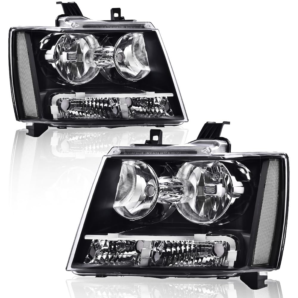 G-PLUS Headlights Assembly, Compatible with 2007-2014 Chevy Suburban/ 2007-2013 Tahoe Avalanche Bumper Headlamps, Clear Lens Black Housing Clear Reflector,faros delanteros