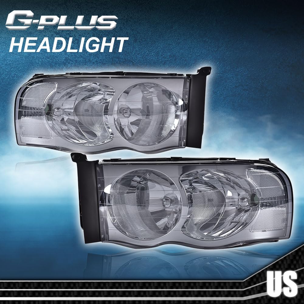 G-PLUS Headlights Assembly Fit 2002-2005 Dodge Ram 1500 2500 3500 Bumper Headlamp Smoky lens Chrome Housing Clear Reflector