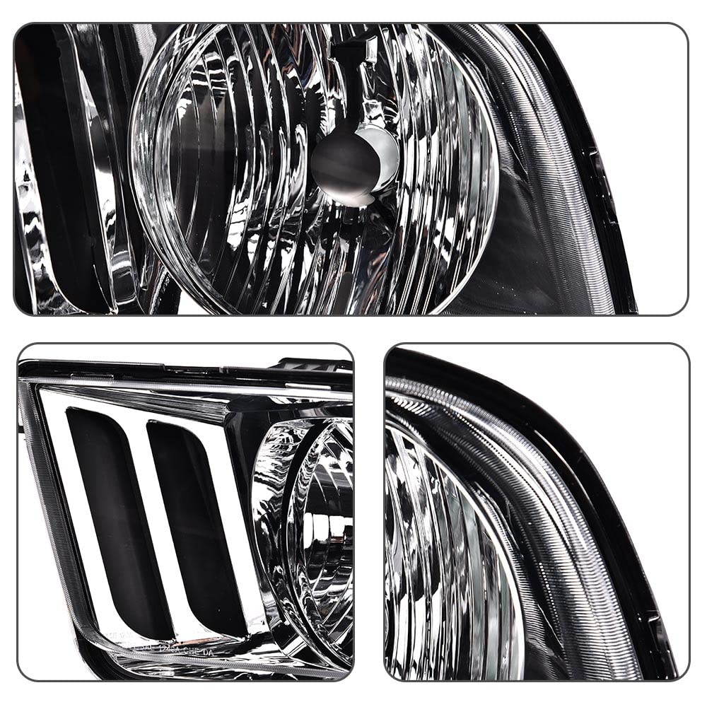 G-PLUS Headlights Compatible with Ford Mustang 2005-2009 Factory Halogen Headlamps Pair Clear Lens Chrome Housing Amber Reflector,faros delanteros