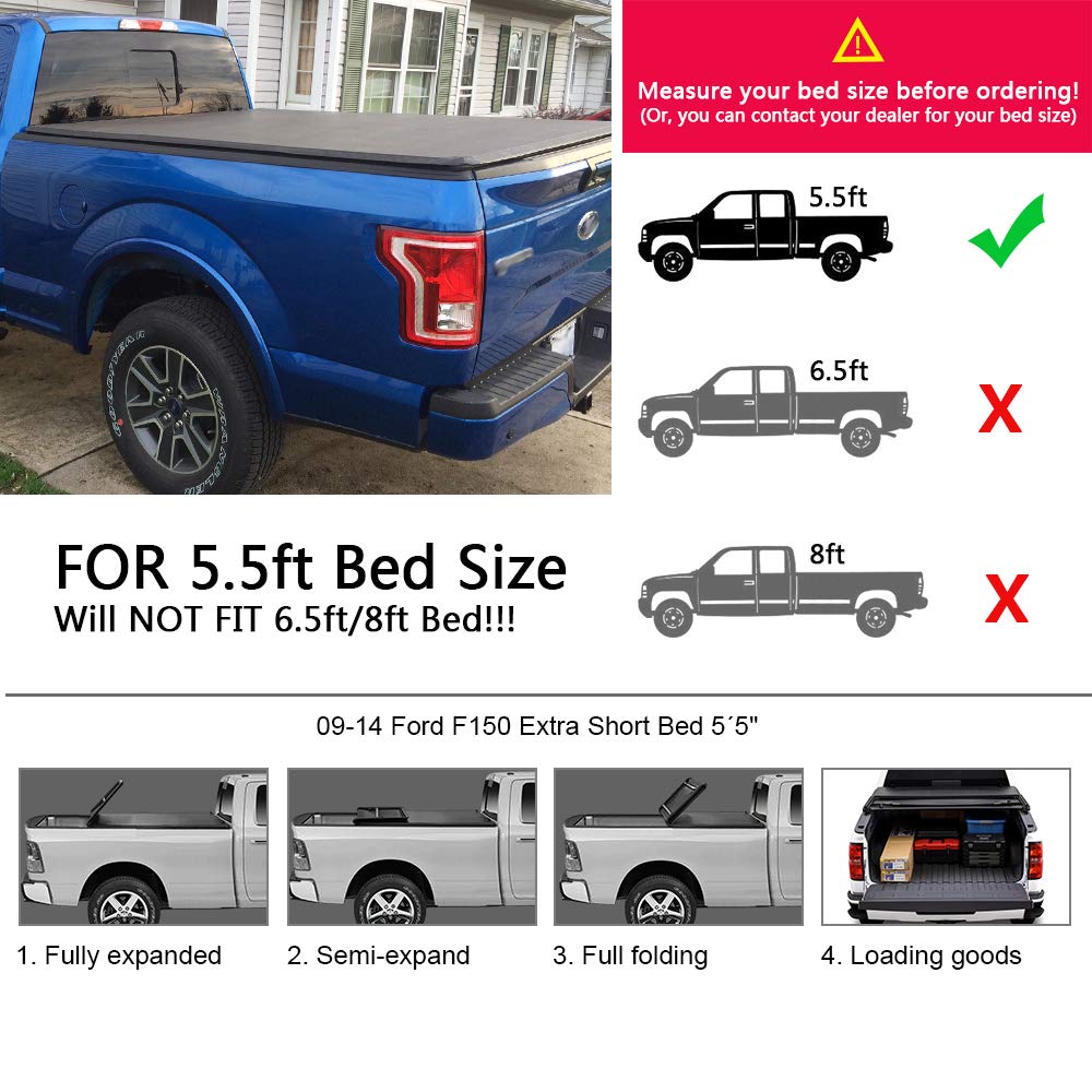 G-PLUS Black Lock Truck Bed Tonneau Cover 4-Fold 5.5FT Compatible with 2009 2010 2011 2012 2013 2014 Ford F150 Black