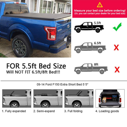 G-PLUS Black Lock Truck Bed Tonneau Cover 4-Fold 5.5FT Compatible with 2009 2010 2011 2012 2013 2014 Ford F150 Black
