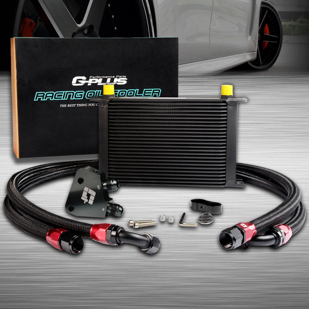 G-PLUS AN10-10AN 25 Row GM Aluminum Engine Transmission Oil Cooler Kit + Oil Cooler Sandwich Plate Kit Black Replacement For GM LS1 LS2 LS3