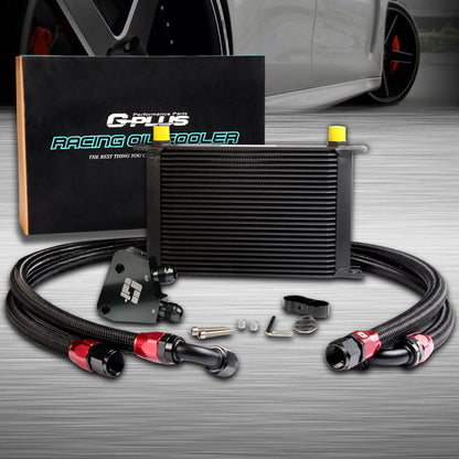 G-PLUS AN10-10AN 25 Row GM Aluminum Engine Transmission Oil Cooler Kit + Oil Cooler Sandwich Plate Kit Black Replacement For GM LS1 LS2 LS3