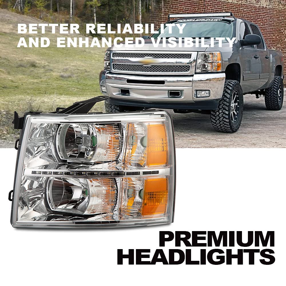 G-PLUS LED DRL Headlights, Compatible with Chevy Silverado 1500 2007-2013/Fit 2007-2014 Chevy Silverado 2500 3500 & HD Bumper Headlamps, Clear Lens Chrome Housing Amber Reflector,faros delanteros