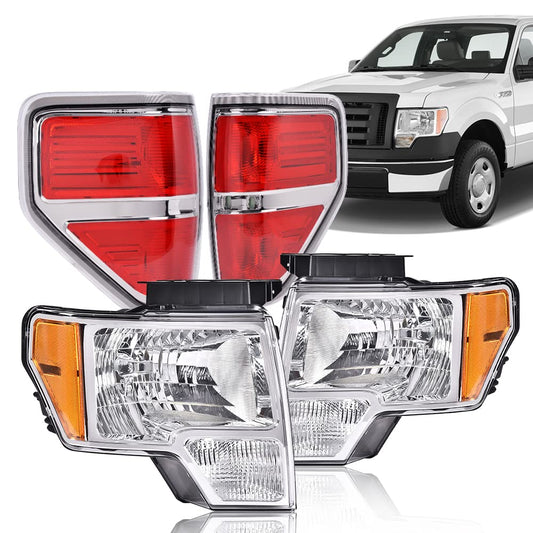G-PLUS Headlights Tail Lights Assembly, Compatible with 2009-2014 Ford F150 Bumper Headlamps, Smoky Lens Chrome Housing Amber Reflector Rear Brake Lamps,faros delanterosBumper Headlamps