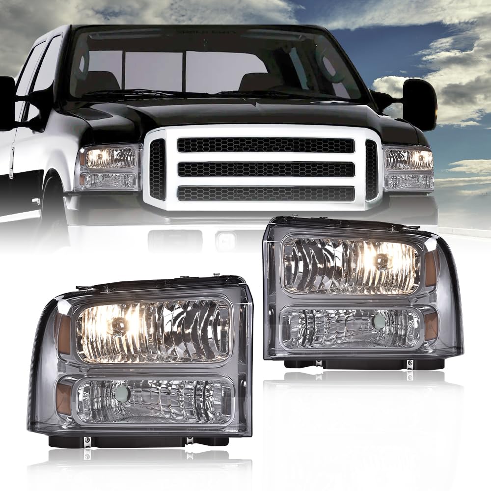 G-PLUS Headlights Assembly, Compatible with 99-04 Ford F250 F350 F450 F550 Super Duty/00-04 Ford Excursion Bumper Headlamps, Smoky Lens Chrome Housing Amber Reflector