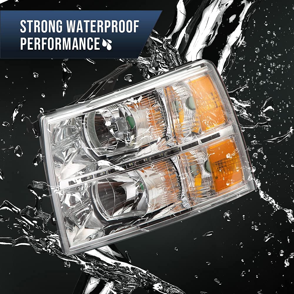 G-PLUS LED DRL Headlights, Compatible with Chevy Silverado 1500 2007-2013/Fit 2007-2014 Chevy Silverado 2500 3500 & HD Bumper Headlamps, Clear Lens Chrome Housing Amber Reflector,faros delanteros