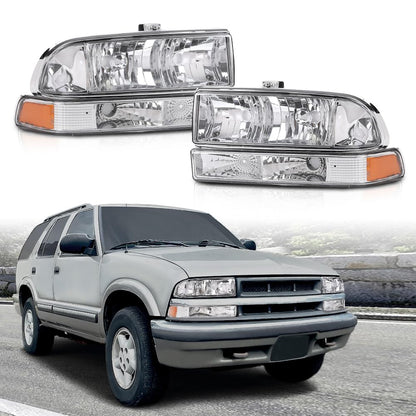 G-PLUS Headlights Assembly Fit Chevy S10 Pickup/Blazer 1998 1999 2000 2001 2002 2003 2004 Bumper Headlamps Clear Lens Chrome Housing Amber Reflector,faros delanteros