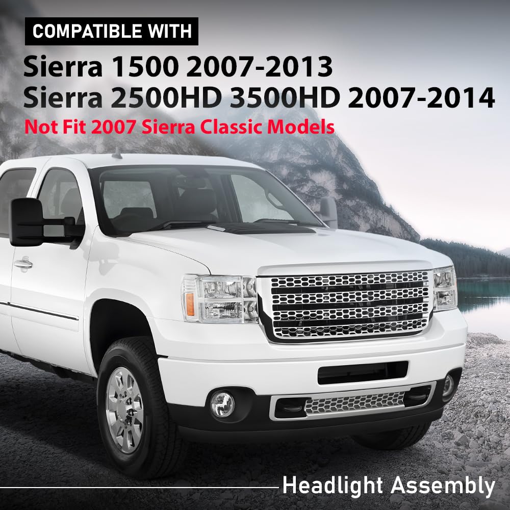 G-PLUS LED Headlights Assembly Front Headlamps Left+Right Compatible with GMC Sierra 1500 2007-2013, Fit GMC Sierra 2500HD 3500HD 2007-2014 Clear Lens Chrome Housing Amber Reflector,faros delanteros