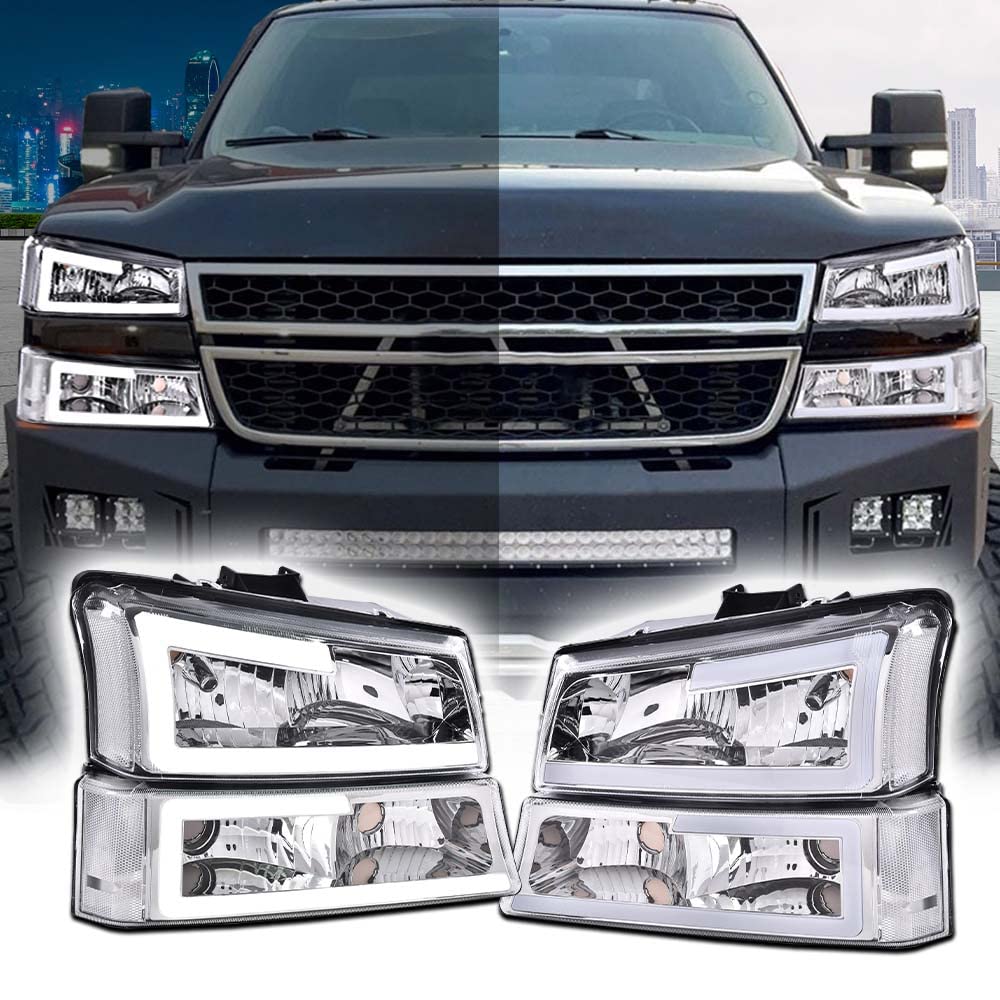 G-PLUS LED Headlights FitChevy Avalanche/Silverado 1500 2500 HD 3500 2003-2006/Fit Silverado 1500 2500 3500 Classic 2007,Headlamps Clear Lens Chrome Housing Clear Reflector,faros delanteros