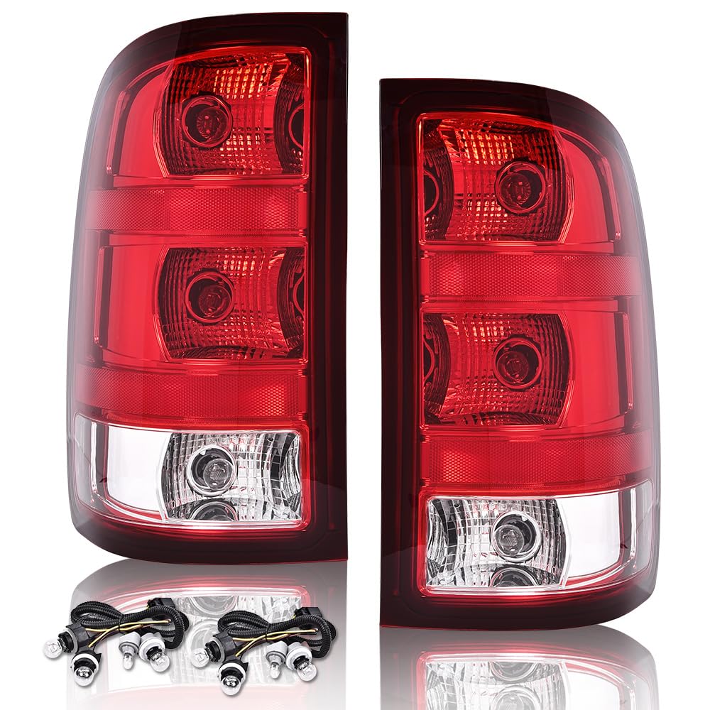 G-PLUS Tail Lights Lamps w/Bulbs & Wiring Harness Compatible with GMC Sierra 1500 2500 3500HD 2007-2013 Left+Right Red Lens Taillamps Brakelights Luces Traseras Faros TraserosAssembly
