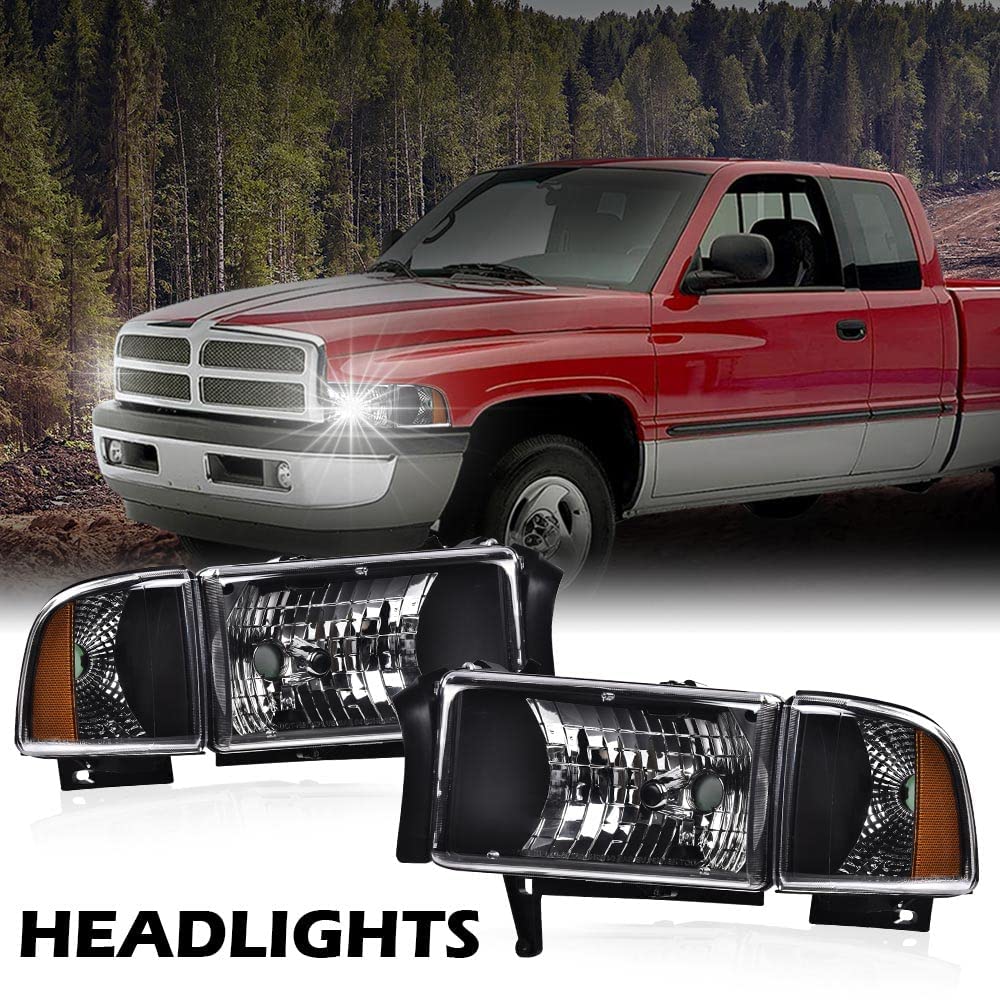 G-PLUS Headlights, Fit 1994-2001 Dodge Ram 1500/1994-2002 Ram 2500 3500,Not fit Ram Sport, Headlamps Clear Lens Black Housing Amber Reflector w/o Bulbs Bumper Headlamps,faros delanteros Assembly