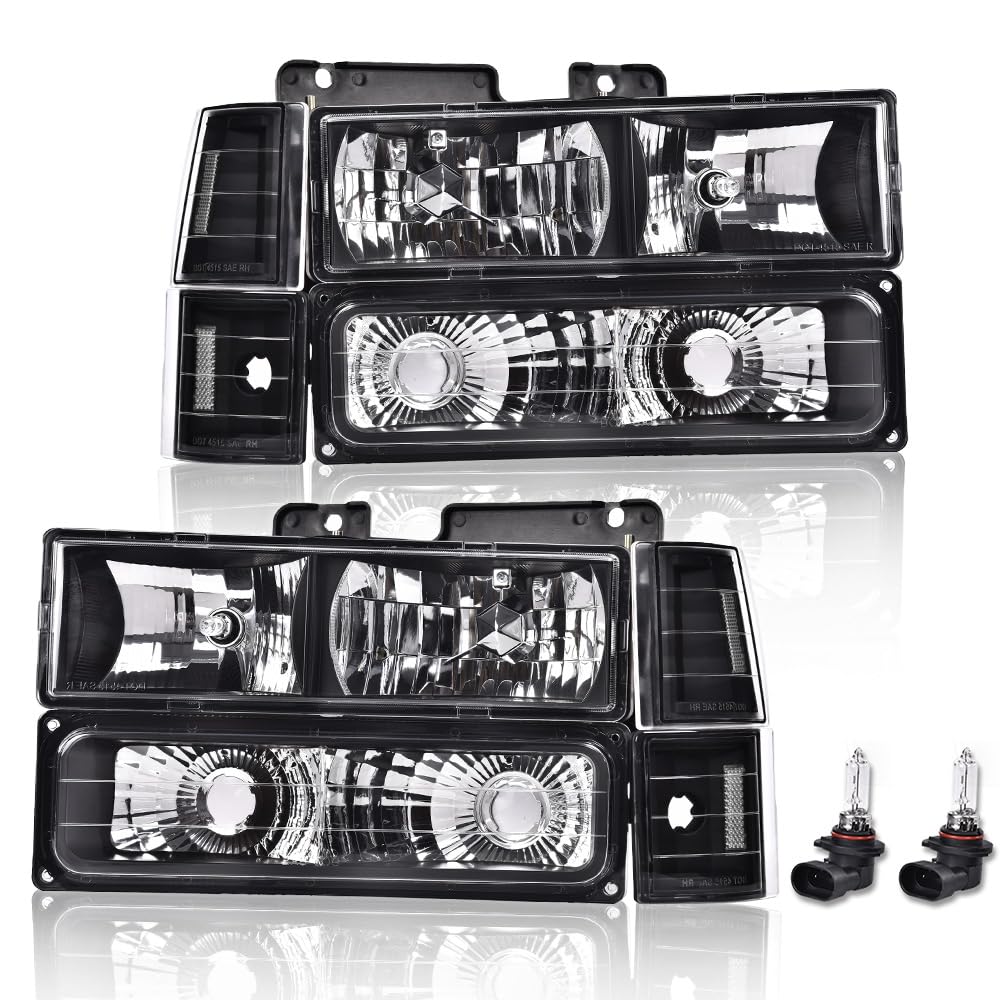 G-PLUS Headlights Assembly w/Bulb Fit GMC C10 truck 1994 1995 1996 1997 1998/Fit GMC Sierra Suburban Yukon 1994-1998 Clear Lens Black Housing Clear Reflector 5977460 Bumper Headlamps,faros delanteros