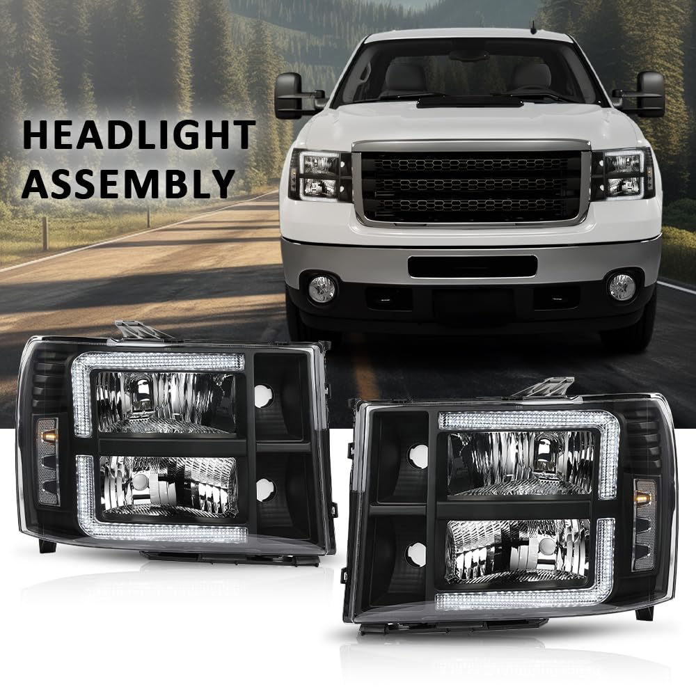 G-PLUS LED DRL Headlights Assembly Compatible with GMC Sierra 1500 2007-2013/Fit GMC Sierra 2500 HD 3500 HD 2007-2014 Headlamps Left & Right Clear Lens Black Housing Clear Reflector,faros delanteros