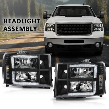G-PLUS LED DRL Headlights Assembly Compatible with GMC Sierra 1500 2007-2013/Fit GMC Sierra 2500 HD 3500 HD 2007-2014 Headlamps Left & Right Clear Lens Black Housing Clear Reflector,faros delanteros