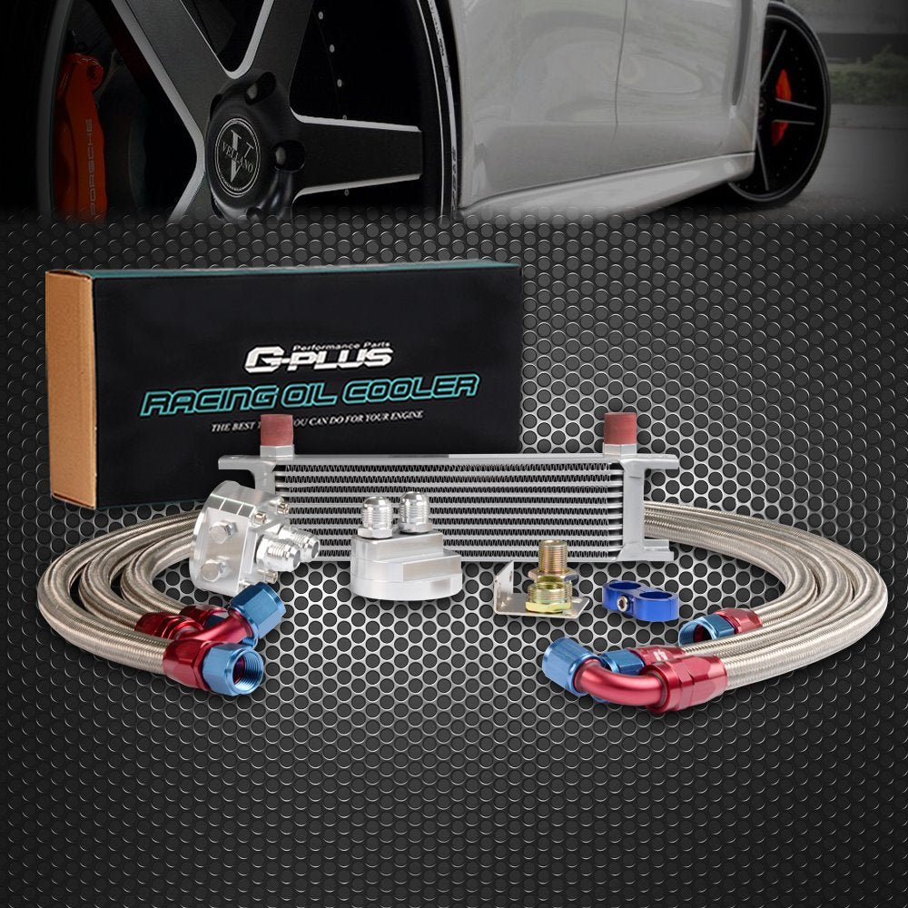10 Row AN10-10AN Aluminum Universal Engine Transmission Oil Cooler Kit + Oil Filter Relocation Kit Silver