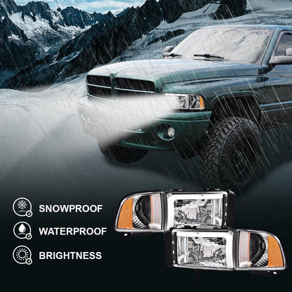 G-PLUS LED Headlights Head Lamps Fit Dodge Ram 1500 1994-2001/Fit Dodge Ram 2500 3500 1994-2002 Left & Right Clear Lens Chrome Housing Amber Reflector Bumper Headlamps w/o Bulbs,faros Assembly