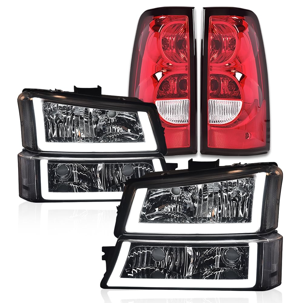 G-PLUS LED Headlights Assembly & Tail Lights Fit Chevy Silverado 1500 1500 HD 2500 2500 HD 2003-2006, Clear Lens Chrome Housing Clear Reflector Headlamps Assembly Red Taillights