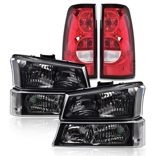 G-PLUS Headlights Assembly & Tail Lights Fit Chevy Silverado 1500 1500 HD 2500 2500 HD 2003-2006, Clear Lens Black Housing Clear Reflector Headlamps Assembly Red Taillights