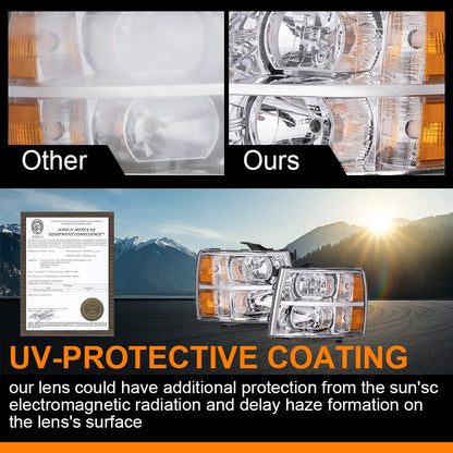 G-PLUS Headlights Assembly, Compatible with Chevy Silverado 2007-2013 1500/Fit Chevy Silverado 2500 HD 3500HD 2007-2014 Bumper Headlamp, Clear lens Chrome Housing Amber Reflector