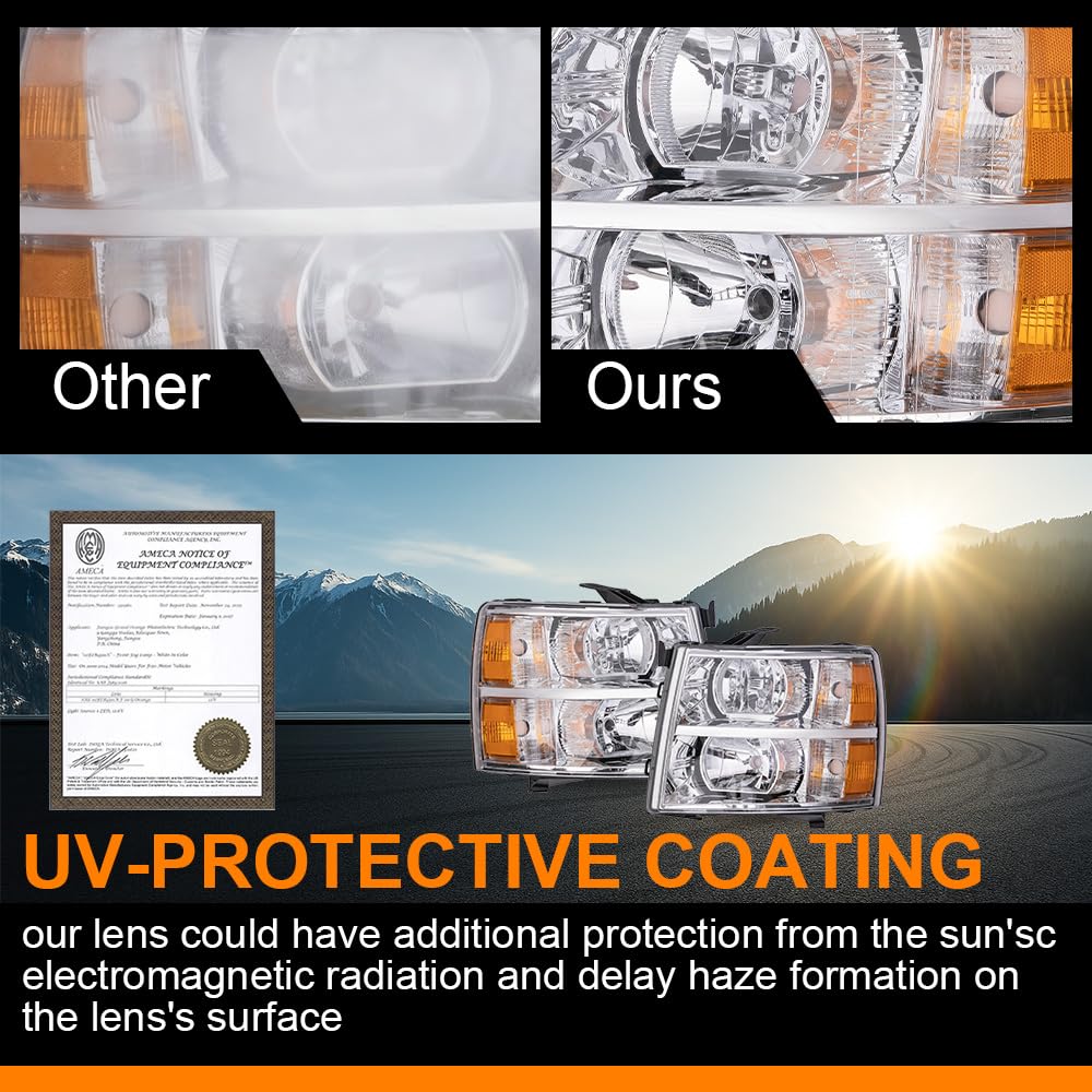G-PLUS Headlights Assembly Fit Chevy Silverado 1500 2007-2013, Fit Chevy Silverado 2500 3500 & HD 2007-2014, Left & Right Headlamps Clear Lens Chrome Housing Amber Reflector, faros delanteros
