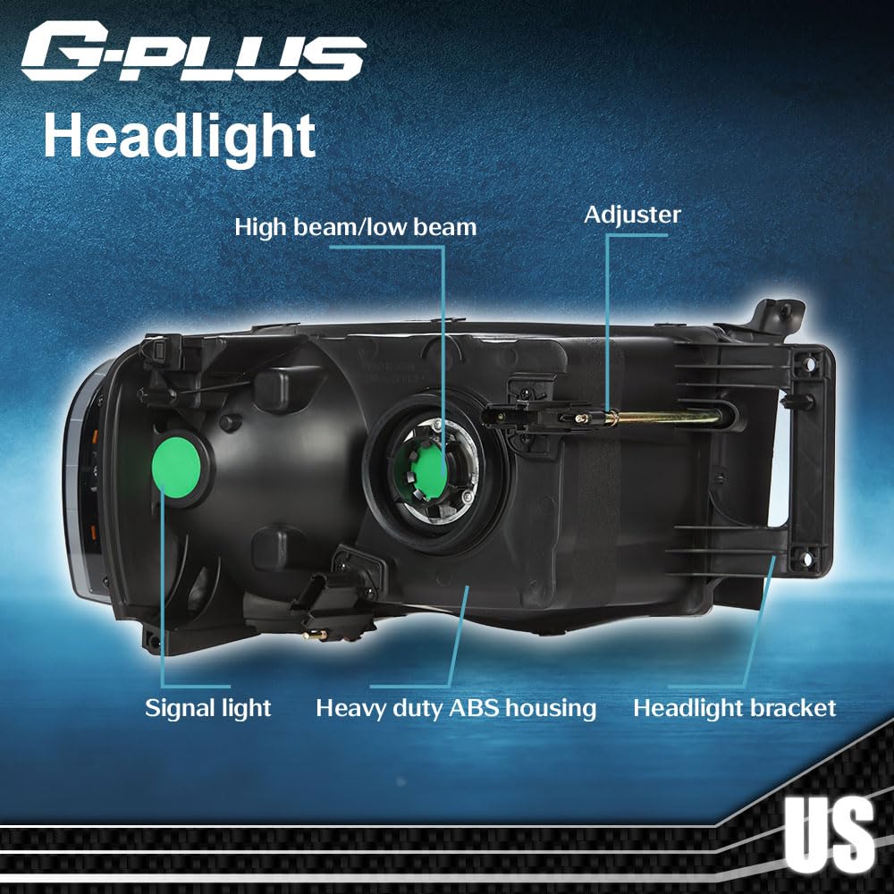 G-PLUS Headlights Assembly Compatible with Dodge Ram 1500 2500 3500 2002-2005 Bumper Headlamp, Clear lens Black Housing Amber Reflector