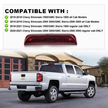 G-PLUS High Mount Rear 3rd Third Brake Light Compatible With 2014-2018 Chevy Silverado GMC Sierra 1500 2500 HD 3500 HD LED Cargo Tail Lamp Black Housing Red Lens