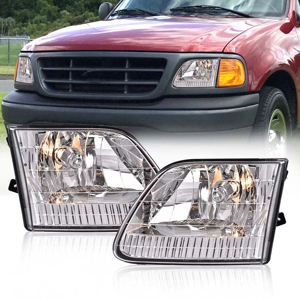 G-PLUS Headlights Assembly Compatible with Ford F150 1997-2003/ Ford F250 1997-1999/ Ford Expedition 1997-2002,Clear lens Chrome Housing Clear Reflector,Headlamp,faros delanteros