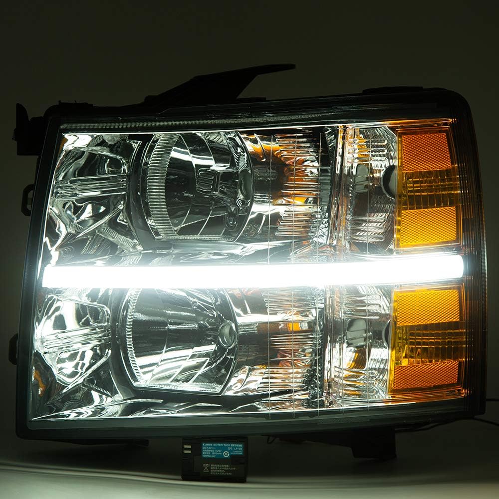 G-PLUS LED Headlights Assembly Fit Chevy Silverado 1500 2007-2013/Fit Silverado 2500 HD 3500 HD 2007-2014,Left & Right Corner Headlamps,Smoky Lens Chrome Housing Amber Reflector,faros delanteros