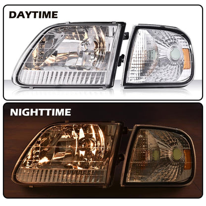 G-PLUS Headlights w/Bulbs, Compatible with Ford Expedition 1997-2002/Fit Ford F150 1998-2003/Fit F250 1997-1999 Bumper Headlamps Left &Right Clear lens Chrome Housing Amber Reflector