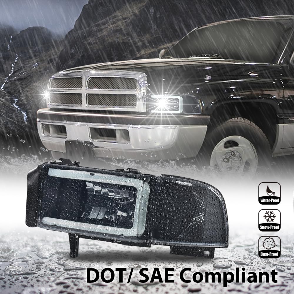 G-PLUS LED Light Strip Headlights Lamps w/o Bulbs Fit Dodge Ram 1500 1994-2001/Dodge Ram 2500 3500 1994-2002,Smoke Lens Black Housing Clear Reflector Bumper Headlamps,faros delanteros Assembly