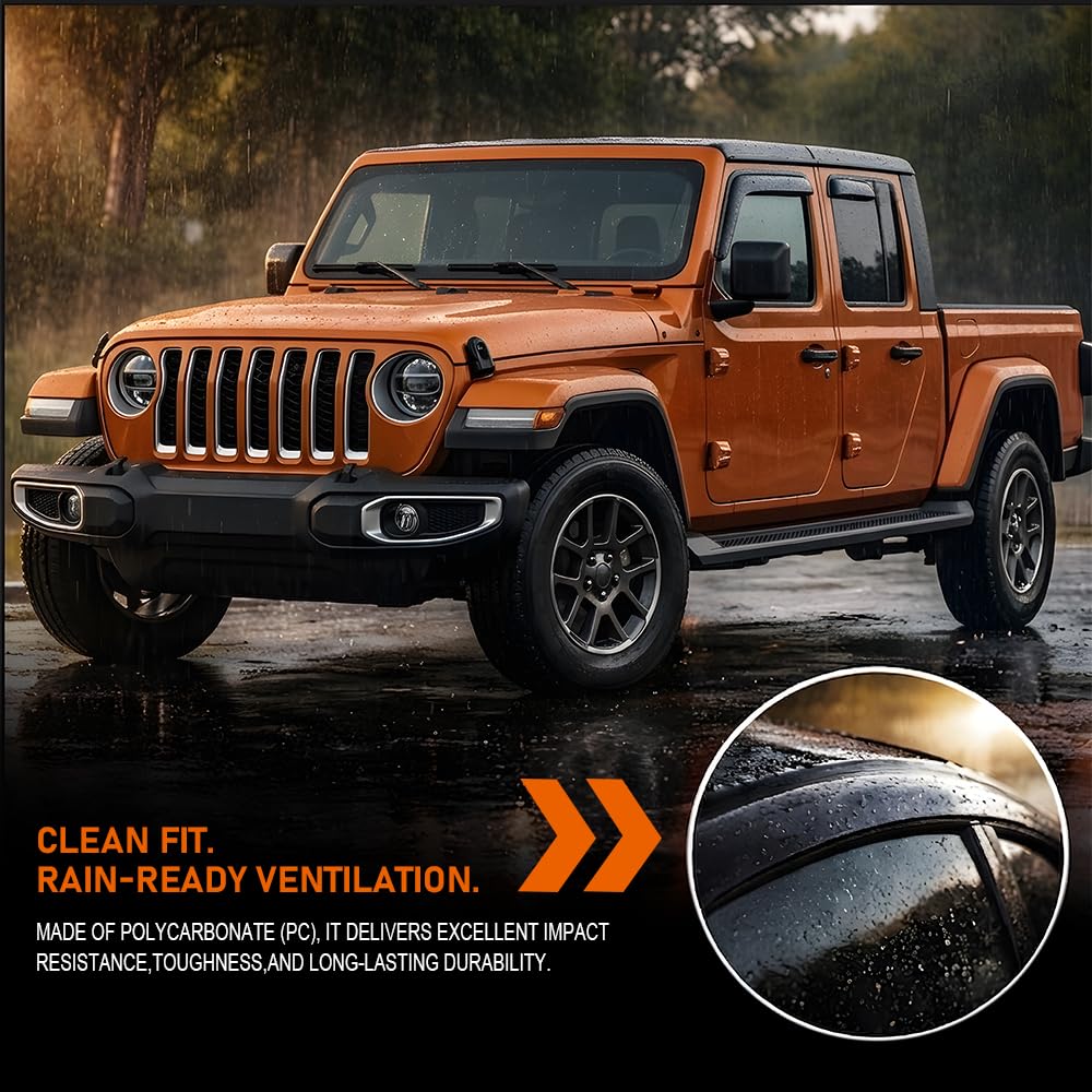 G-PLUS in-Channel Side Window Vent Visor Deflectors Rain Guards Compatible with Jeep Gladiator 2020-2026 Impact-Resistant PC 4 PCS Smoky