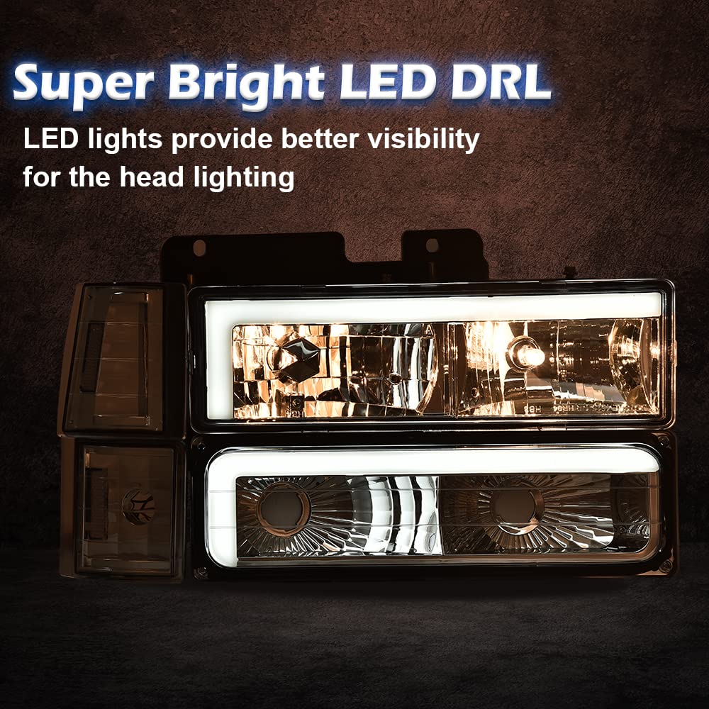 G-PLUS LED DRL headlights, Compatible with 1994 1995 1996 1997 1998 1999 GMC C1500 K1500 Yukon bumper Headlamp, Clear lens Chrome Housing Clear Reflector