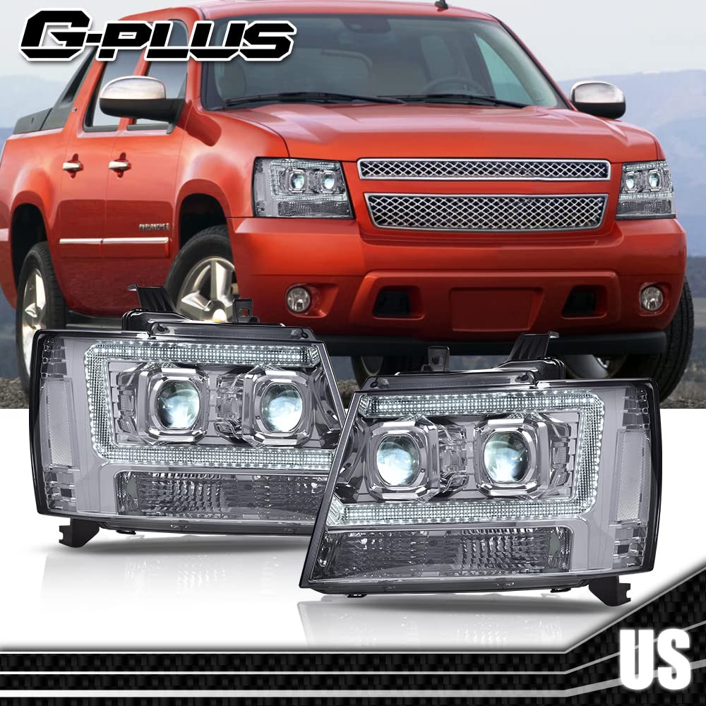 G-PLUS LED Tube Dual Projector Headlights, Compatible with 2007-2014 Chevy Tahoe/Suburban Bumper Headlamps Assembly, Smoky Lens Chrome Housing Clear Reflector,faros delanteros