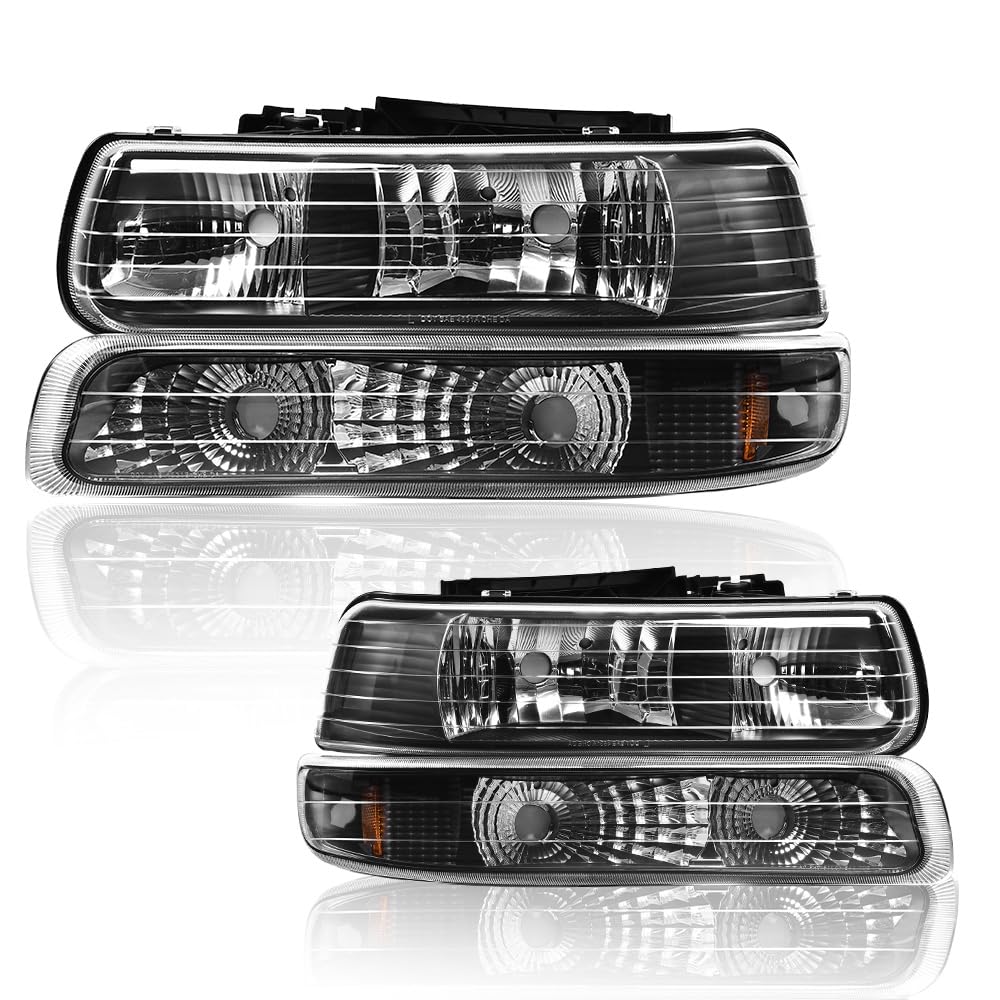 G-PLUS Headlights Assembly, Compatible with Chevy Silverado 1999 2000 2001 2002/Fit Suburban Tahoe 2000-2006 Bumper Headlamps, Clear Lens Black Housing Amber Reflector Left & Right,faros delanteros