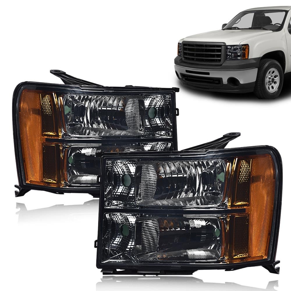 G-PLUS Headlights Assembly Compatible with 2007-2013 GMC Sierra 1500,Fit 2007-2014 GMC Sierra 2500 HD 3500HD Bumper Headlamps, Smoky Lens Chrome Housing Amber Reflector,faros delanteros