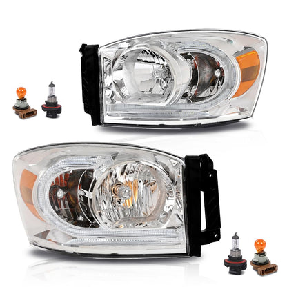 G-PLUS LED Headlights Assembly Front Headlamps Left Right Compatible with Dodge Ram 1500 2006-2008,Fit Dodge Ram 2500 3500 2006-2009 Clear Lens Chrome Housing Amber Reflector,faros delanteros