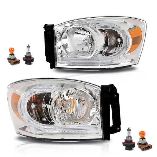 G-PLUS LED Headlights Assembly Front Headlamps Left Right Compatible with Dodge Ram 1500 2006-2008,Fit Dodge Ram 2500 3500 2006-2009 Clear Lens Chrome Housing Amber Reflector,faros delanteros