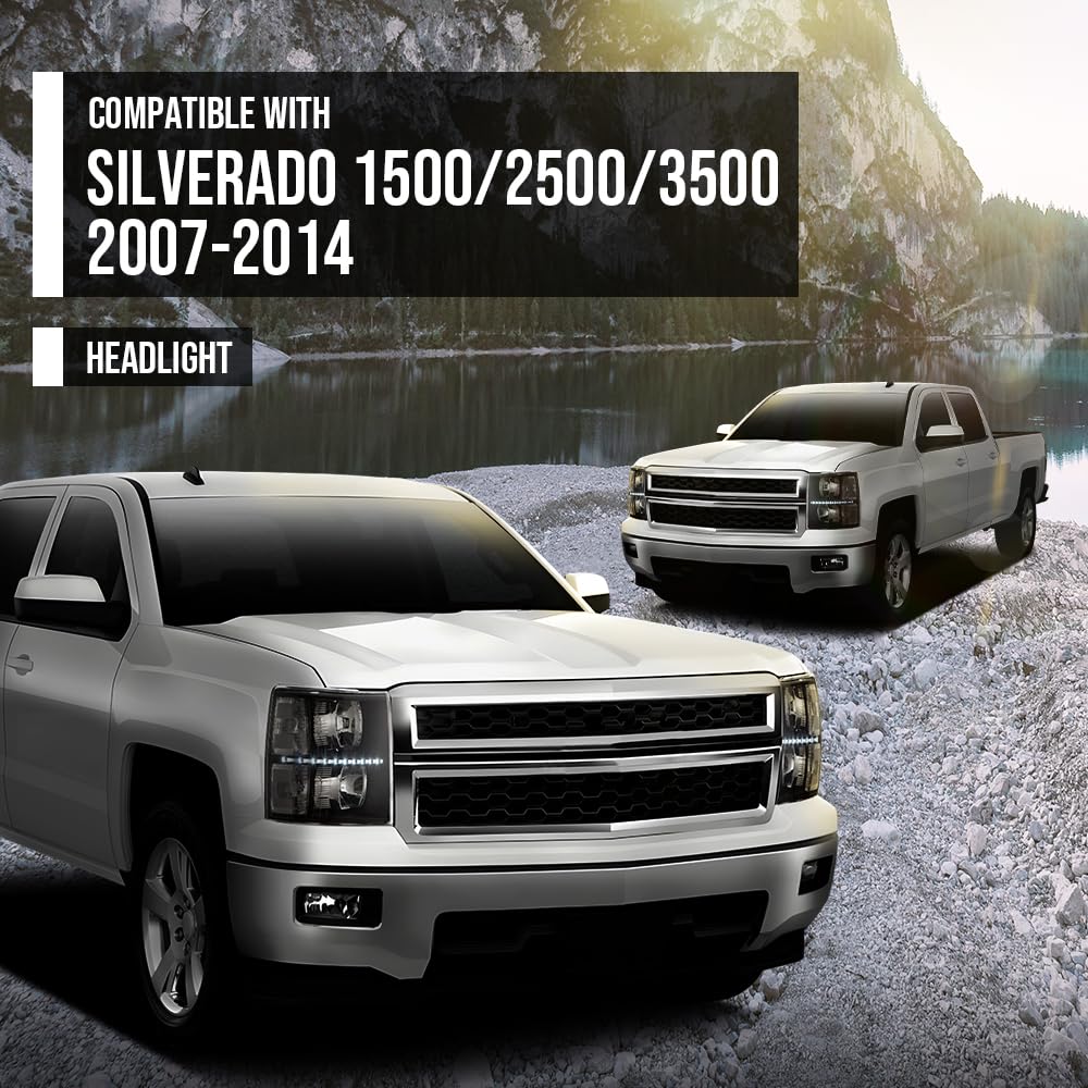 G-PLUS LED DRL Headlights, Fit 2007-2013 Chevy Silverado 1500/Fit 2007-2014 Chevy Silverado 2500 3500 & HD Models Bumper Headlamps, Clear Lens Black Housing Clear Reflector,faros delanteros