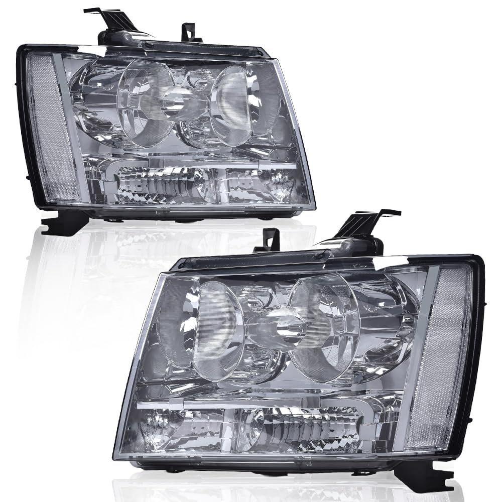 G-PLUS Headlights Assembly Compatible with Chevy Tahoe Subarban Avalanche 2007-2014 Set Pair Bumper Corner Headlamps Left & Right Smoky Lens Chrome Housing Clear Reflector,faros delanteros