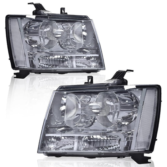 G-PLUS Headlights Assembly Compatible with Chevy Tahoe Subarban Avalanche 2007-2014 Set Pair Bumper Corner Headlamps Left & Right Smoky Lens Chrome Housing Clear Reflector,faros delanteros