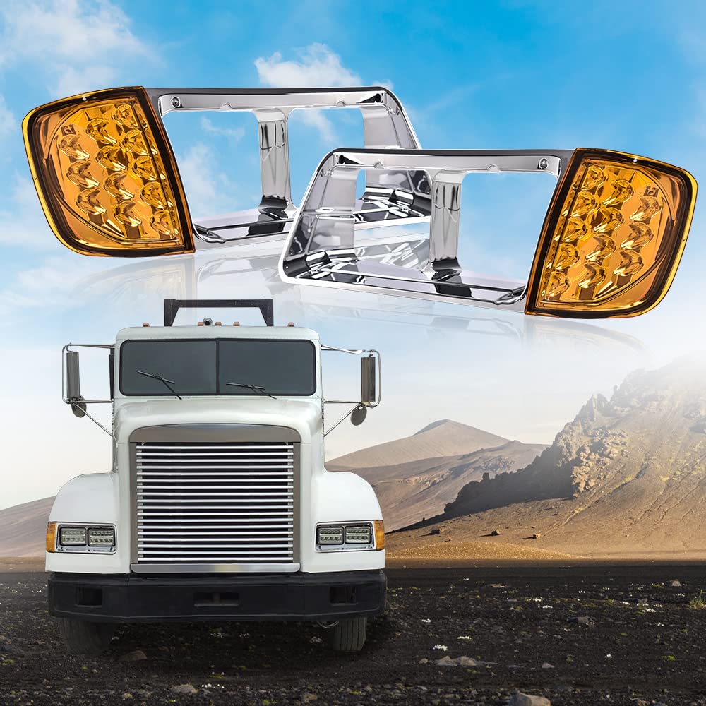 G-PLUS Freightliner Headlights Bezel with LED Turn Signal Light Compatible With 2010-2012 Freightliner FLD120 FLD120SD Pair of LED Freightliner Headlight Bezel Bumper Headlamps,faros delanteros