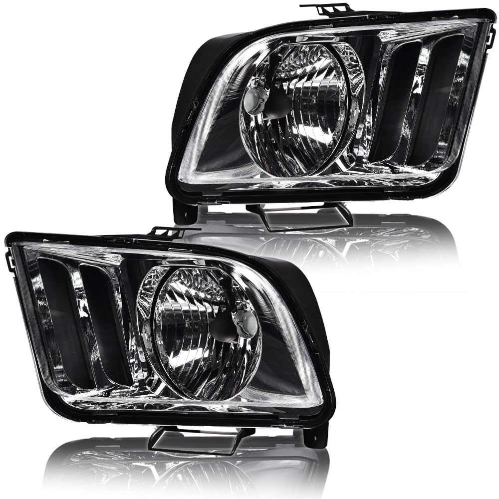 G-PLUS Headlights Compatible with Ford Mustang 2005-2009 Factory Halogen Headlamps Pair Clear Lens Chrome Housing Amber Reflector,faros delanteros