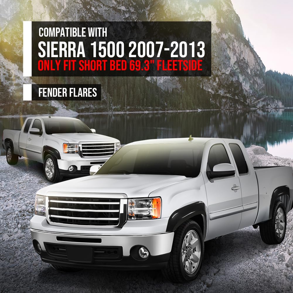 G-PLUS Fender Flares Compatible with GMC Sierra 1500 2007 2008 2009 2010 2011 2012 2013, Only Fit Short Bed 69.3" Fleetside Factory Style Smooth Black