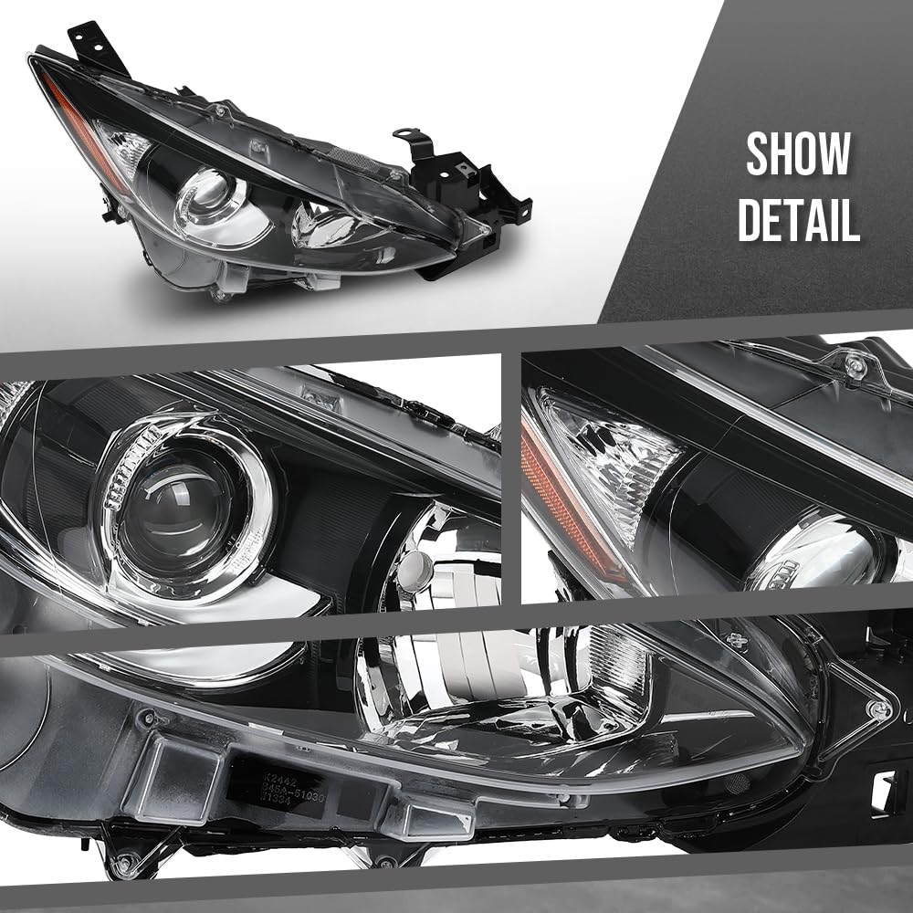G-PLUS Headlight w/bulb Compatible with Mazda 3 2014 2015 2016 Bumper Headlamp BPW1510K0, MA2503144 Right Passenger Side Clear Lens Black Housing Amber Reflector