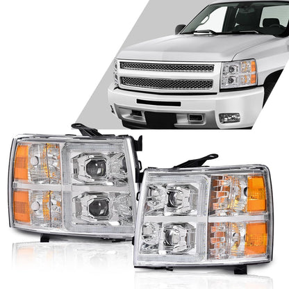 G-PLUS LED Dual Projector Headlights Assembly,Fit Chevy Silverado 1500 2007-2013/Fit 2007-2014 Silverado 2500 3500 & HD, Headlamps w/Bulbs,Clear Lens Chrome Housing Amber Reflector faros delanteros
