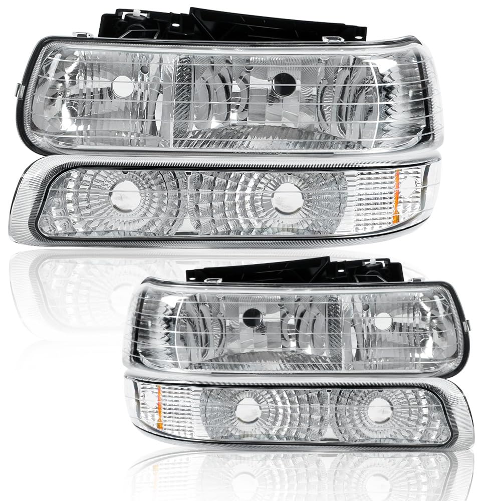 G-PLUS Headlights Assembly, Compatible with 1999-2002 Chevy Silverado/ 2000-2006 Suburban Tahoe Bumper Headlamps, Clear Lens Chrome Housing Amber Reflector,faros delanteros