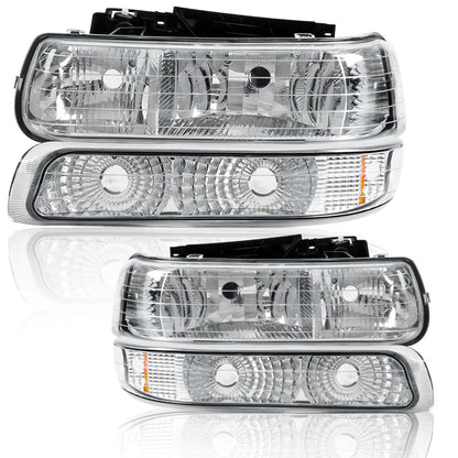G-PLUS Headlights Assembly, Compatible with 1999-2002 Chevy Silverado/ 2000-2006 Suburban Tahoe Bumper Headlamps, Clear Lens Chrome Housing Amber Reflector,faros delanteros