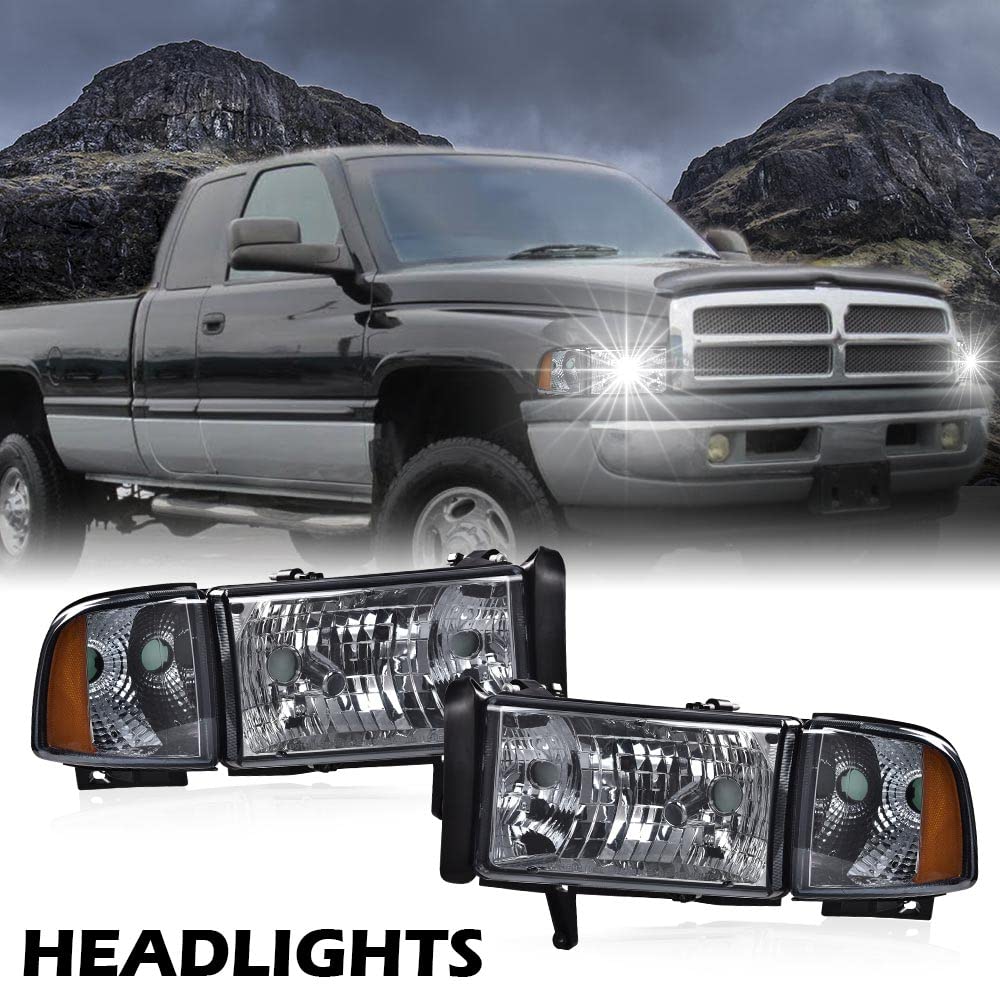 G-PLUS Headlights Lamps Fit 1994-2001 Dodge Ram 1500/1994-2002 Dodge Ram 2500 3500,Not fit Ram Sport,Smoky Lens Chrome Housing Amber Reflector w/o Bulbs Bumper Headlamps,faros delanteros Assembly